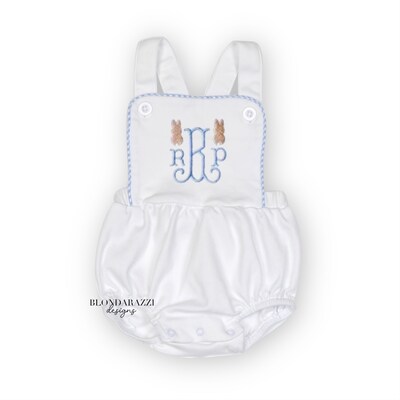 Copy-Baby boys easter outfit sun bubble romper with embroidered bunny rabbit head and initials or name underneath - image1